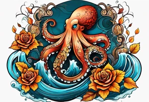 masculine abstract left thigh tattoo with a large long flowing octopus in water swirls wrapping around rocks, a rose, in fall colors with some small leaves and fall elements tattoo idea