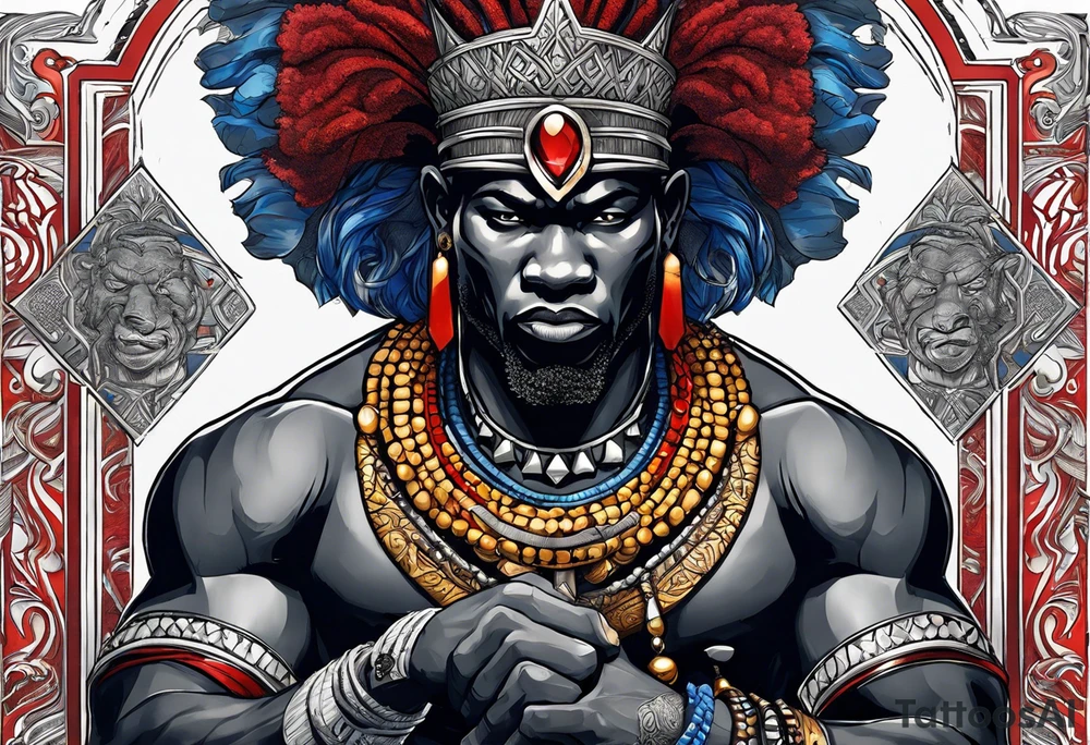 An african god, a bald warrior, that uses a sword and a silver crown. He also uses blue and red necklaces tattoo idea
