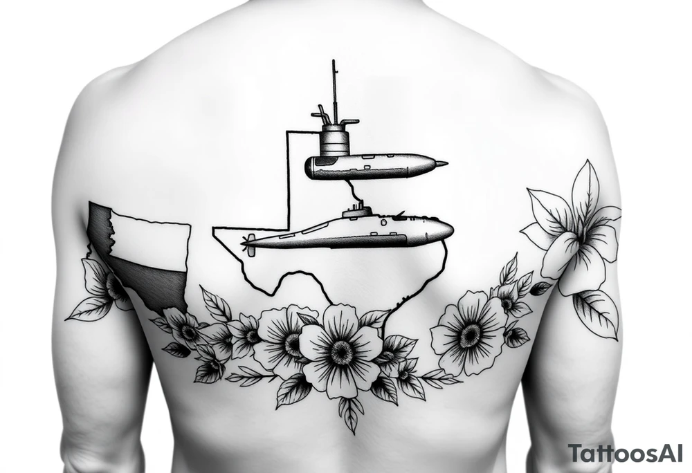 Texas, Connecticut, and Washington. You could also include a small submarine traveling between them.
•	Floral Elements: Incorporate state flowers—bluebonnet (Texas), mountain laurel (Connecticut), and coast rhododendron (Washington)—around the portrait.
Arm sleeve shoulder to elbow tattoo idea