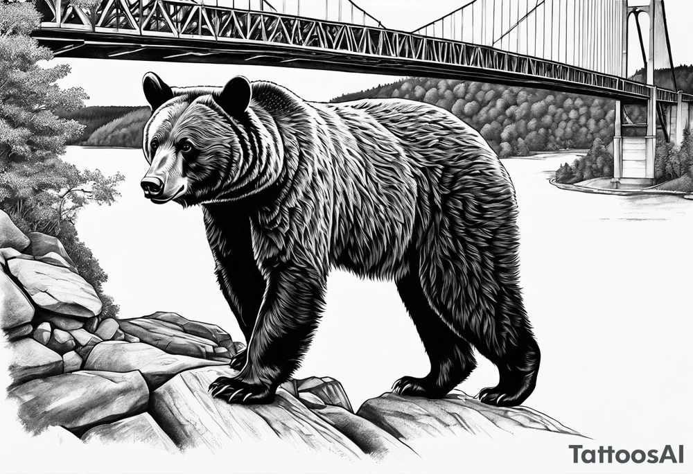 Large thigh tattoo, realism, black and white, black bear with the new river gorge bridge in the background tattoo idea