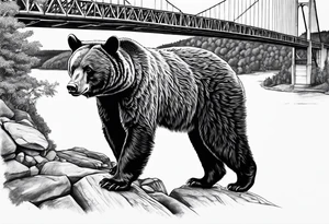 Large thigh tattoo, realism, black and white, black bear with the new river gorge bridge in the background tattoo idea