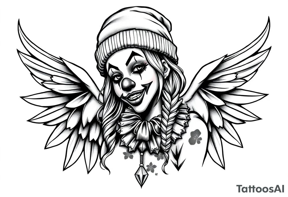 Clown Girl Thug Beanie Angelic Wings tattoo idea