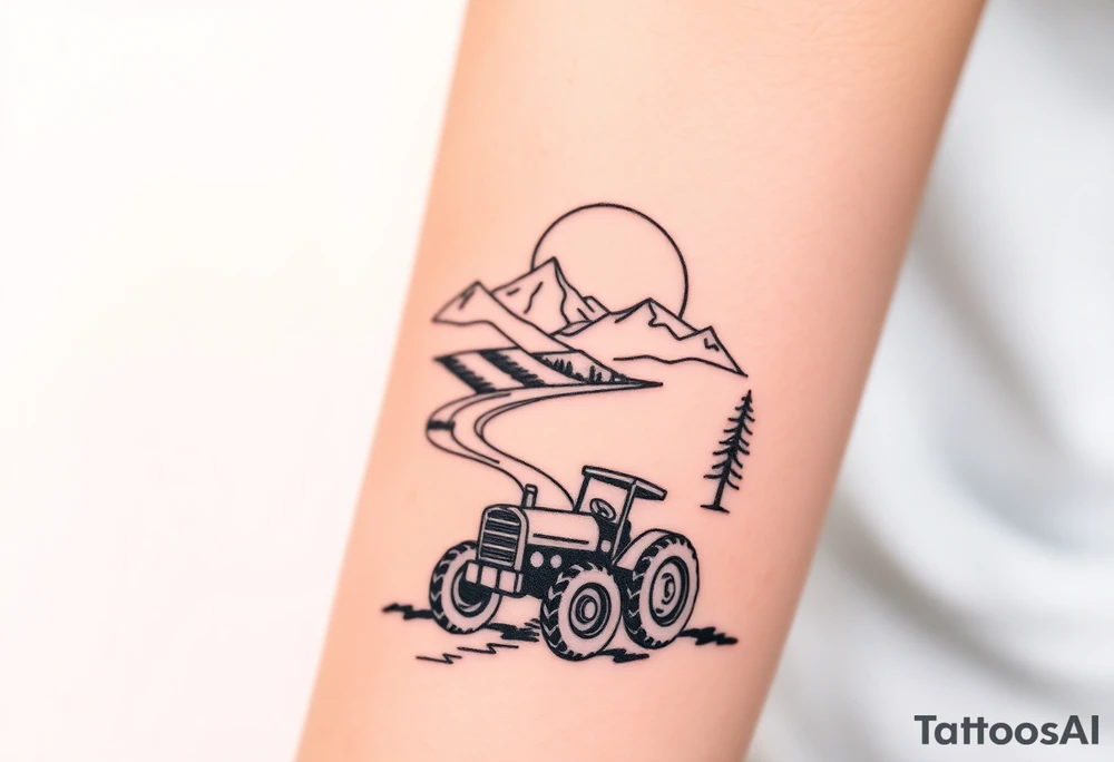 mountain, road, vantage tractor, cow, sunset tattoo idea