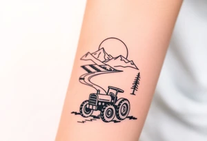 mountain, road, vantage tractor, cow, sunset tattoo idea