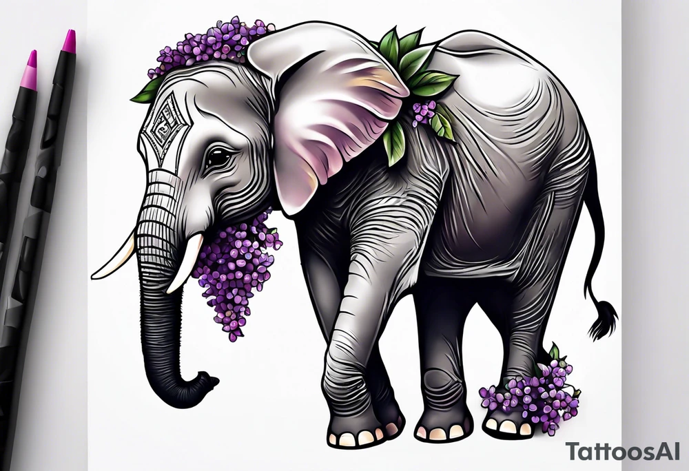 Baby elephant sitting with lilacs in its trunk tattoo idea