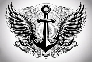 a ship anchor with an s through the anchor and angle wings on the left and right side tattoo idea