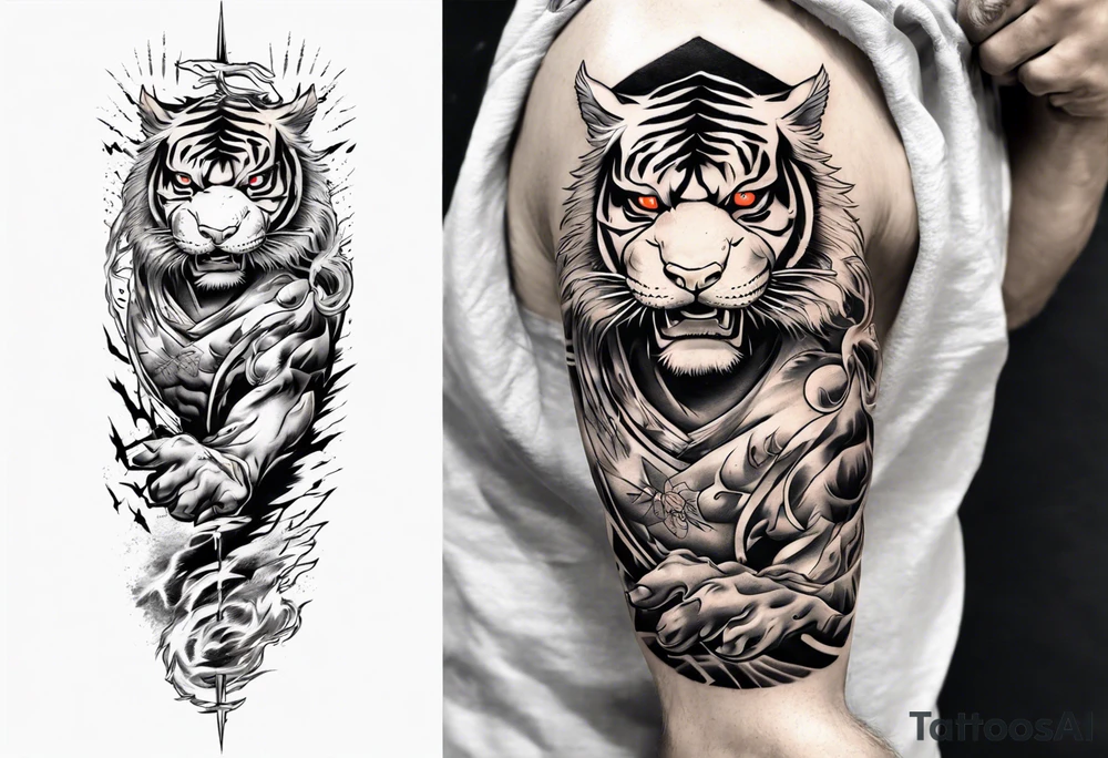 Tiger warrior with lightning and the sun for a forearm sleeve tattoo idea