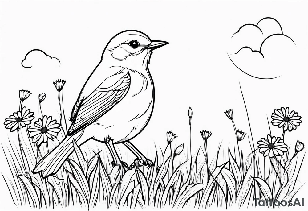 Little bird outline perched in a field of grass and daisys tattoo idea