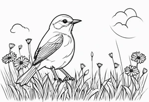Little bird outline perched in a field of grass and daisys tattoo idea