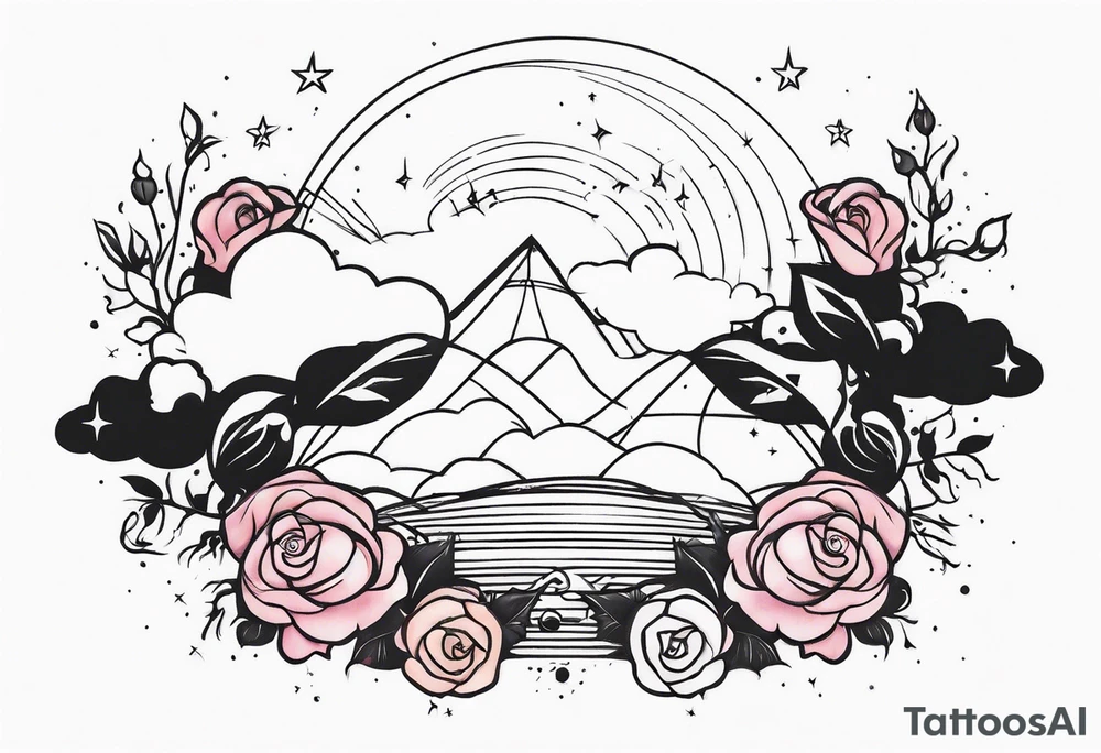 Vertical Clouds with pulsar and small roses and stars around it tattoo idea