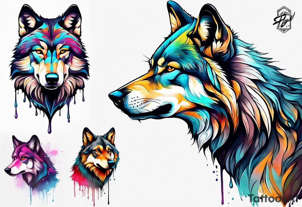 Leaking painted Wolf tattoo idea