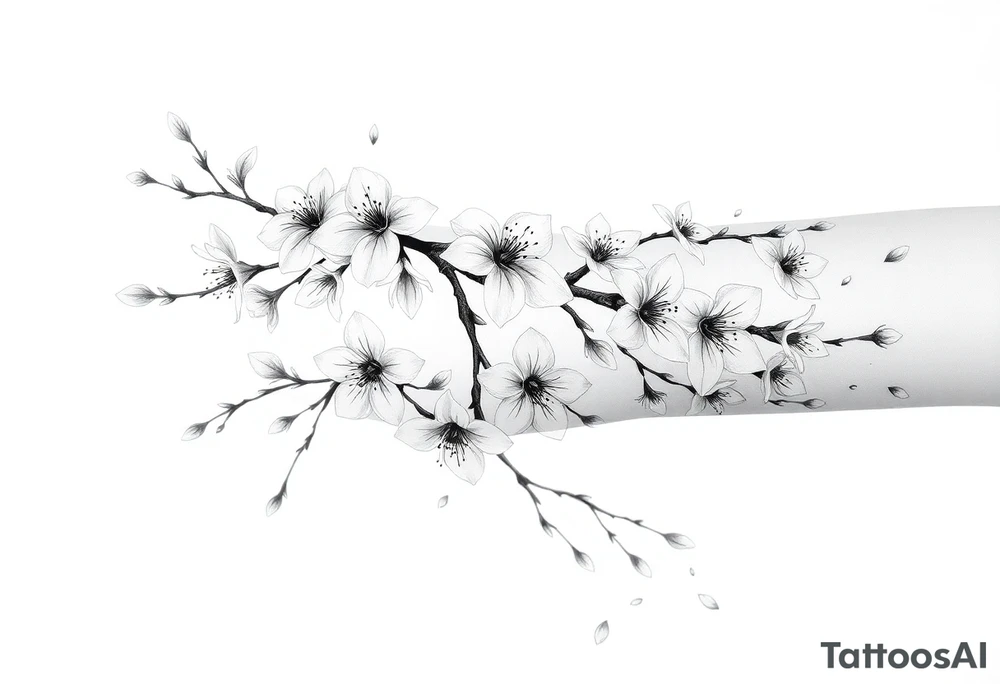delicate cherry blossoms swirling in spring breeze with petals tattoo idea