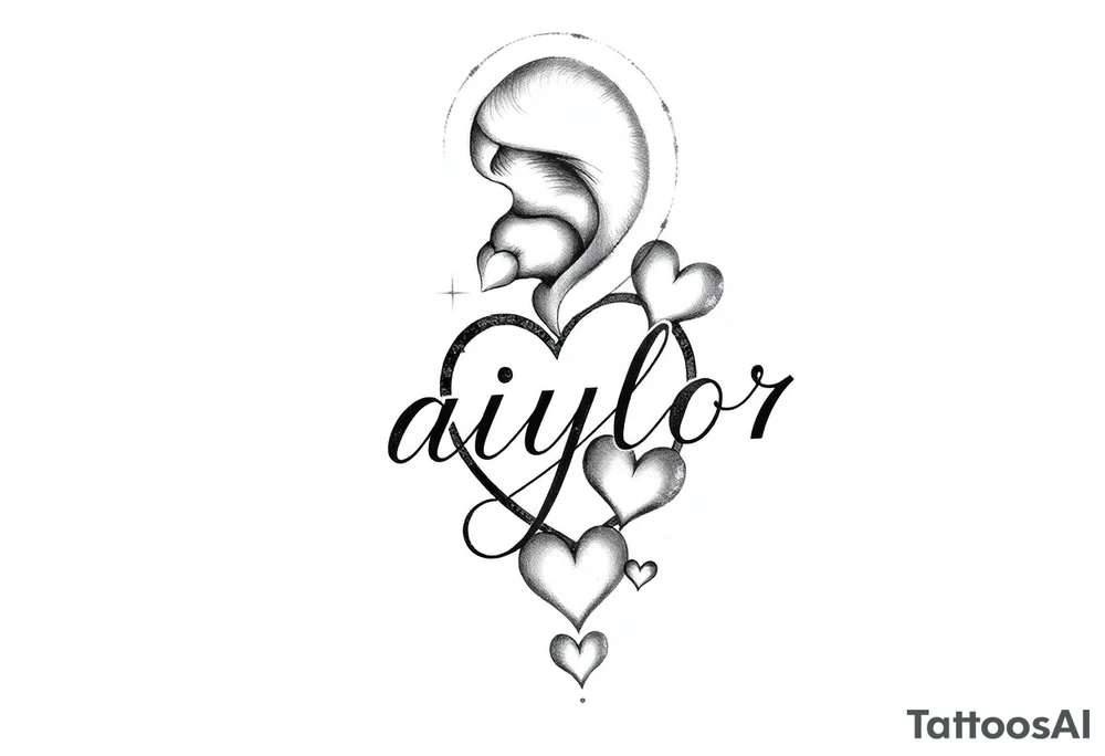 The name Taiylor spelled vertical with the O as as ring behind the ear with hearts tattoo idea
