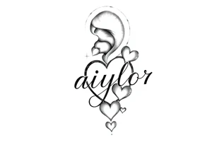 The name Taiylor spelled vertical with the O as as ring behind the ear with hearts tattoo idea