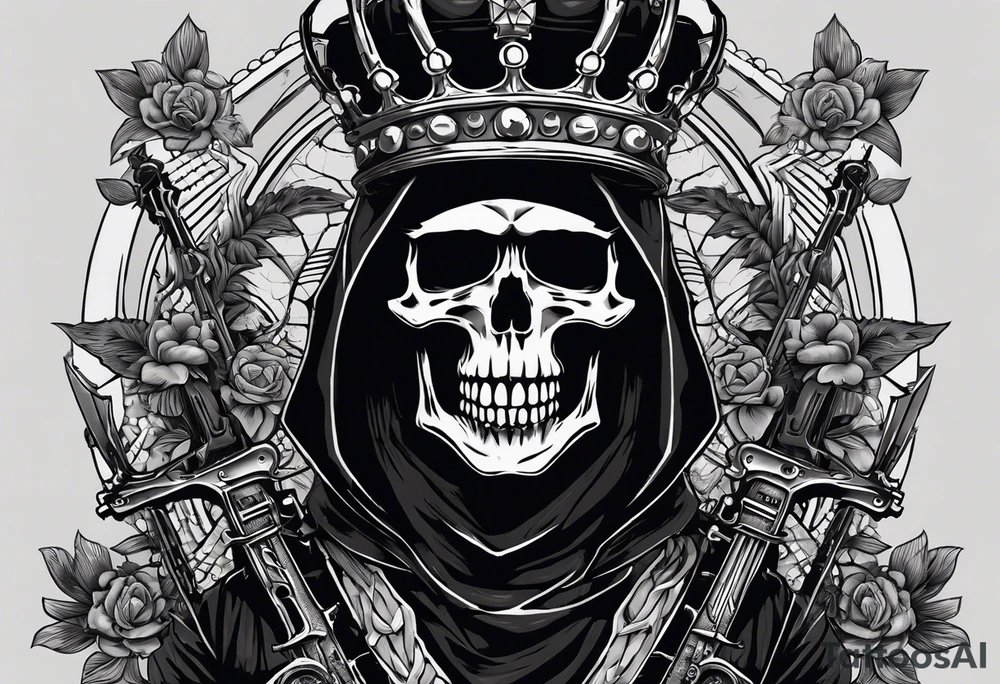 image of a skeleton standing frontally with a crown on his head, holding an AK-47 on his shoulder with his right hand. The chain on the left should be taut, there are three angry barking Dobermans in it, near the waist tattoo idea