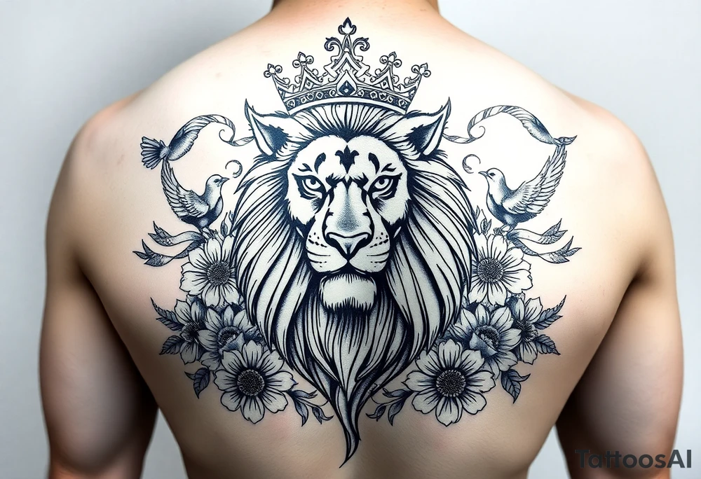 powerful majestic lion with a crown, surrounded by floral ornaments and birds tattoo idea