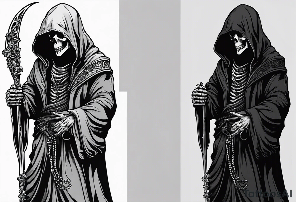 The grim reaper standing from a side profile praying with a rosary wrapped around his hands from a far with skeleton hands tattoo idea