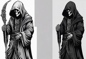 The grim reaper standing from a side profile praying with a rosary wrapped around his hands from a far with skeleton hands tattoo idea