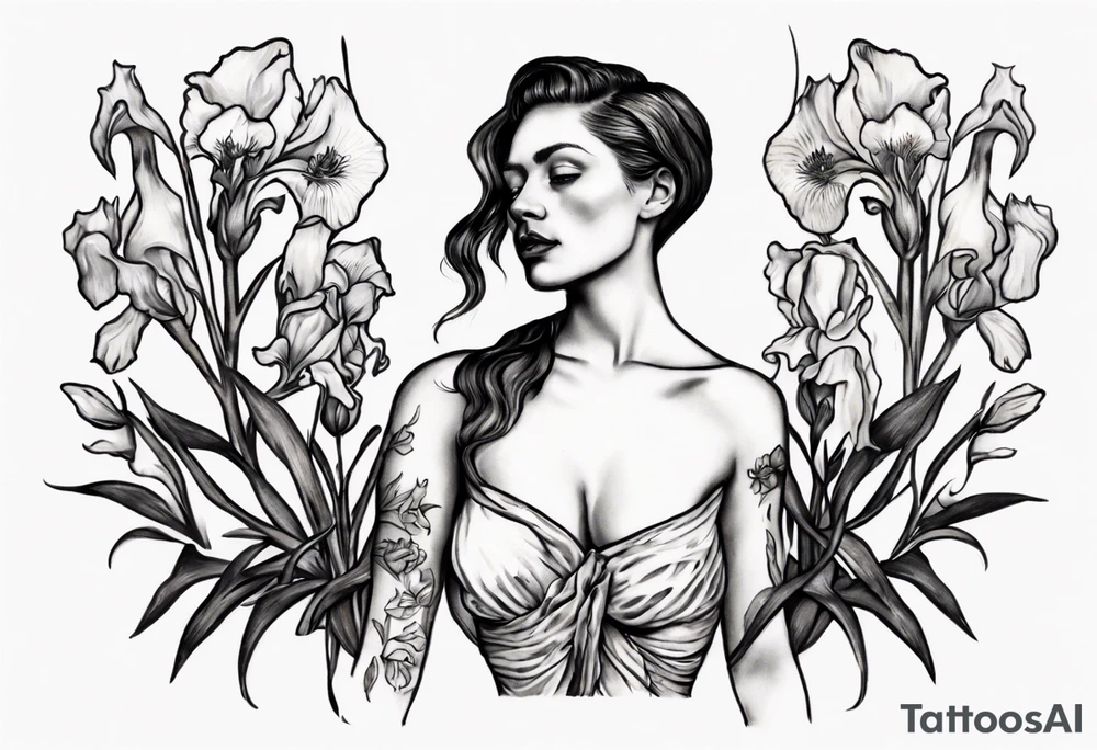 A small condensed tattoo with Van Gogh Irises on the upper left chest of a woman tattoo idea