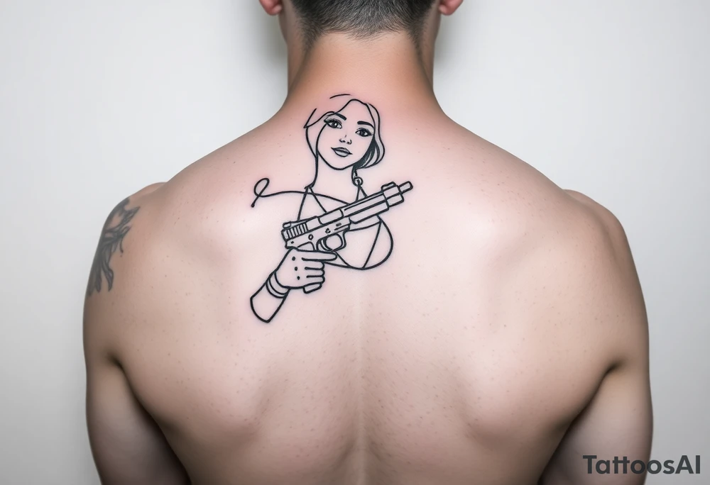 Girl wearing bandana in bikini holding gun tattoo idea