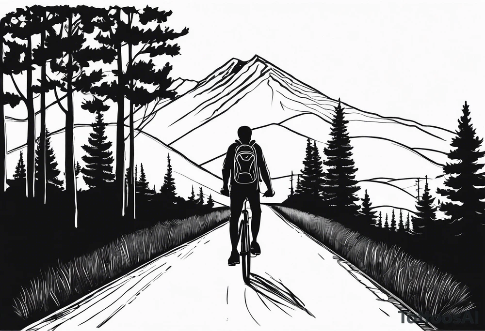 A man with a backpack walking down a road lined with trees, wheeling a bicycle towards a mountain tattoo idea