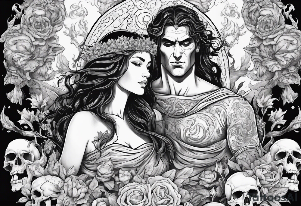 Hades and Persephone in Hell surrounded by skulls and fire tattoo idea