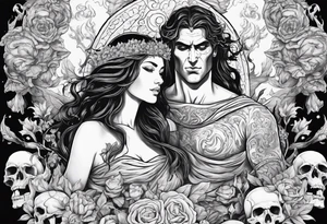 Hades and Persephone in Hell surrounded by skulls and fire tattoo idea