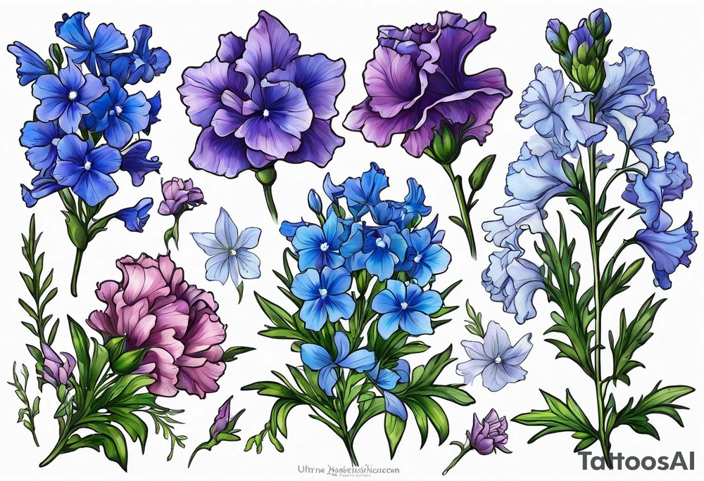 Larkspur flowers and carnation flowers in all color. Colors blue, purple, green, and light blue tattoo idea