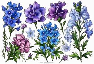 Larkspur flowers and carnation flowers in all color. Colors blue, purple, green, and light blue tattoo idea