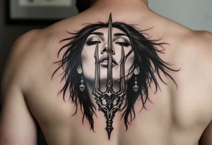 american indian woman face with black hair behind trident tattoo idea