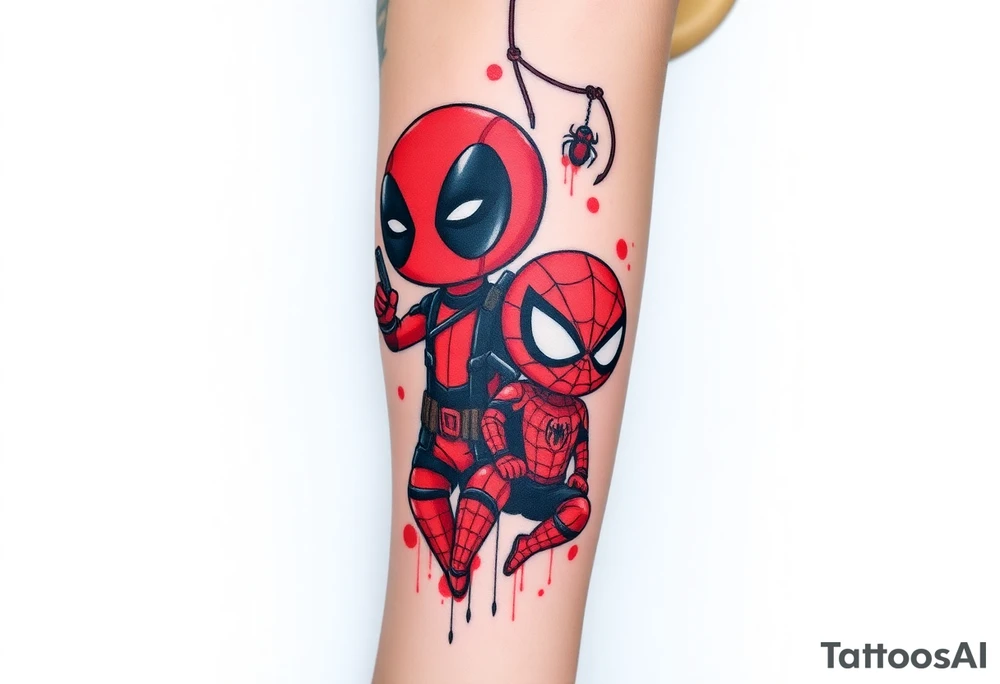 Project: Upper Arm Half-Sleeve Tattoo (Chibi Marvel Duo)
Placement: Upper Arm (Shoulder cap down to just above the elbow)
Reference Images: Chibi Deadpool (Image 1) and Chibi Spider-Man (Image 2)
Design Request & Layout:
* Please stack the characters dynamically to fit my upper arm. I'd like Deadpool positioned near the top/shoulder cap, and Spider-Man sitting near the bottom/above the elbow.
* Use the dangling spider and its web thread, along with loose, energetic construction lines, to transition between the two characters and wrap the design around the arm.
Art & Color Style:
* Linework: Please harmonize both characters into a singular, unified style—blending Deadpool's clean comic ink lines with Spider-Man's raw, cross-hatched sketchbook aesthetic.
* Color: The base of the tattoo should be gritty black-and-grey sketch shading. However, I want vibrant pops of red on their suits.
* The Splatter Effect: Instead of keeping the red cleanly inside the lines, please style the red color as a loose, dynamic watercolor/ink splatter effect that bursts out past their outlines and fades into the negative skin space. tattoo idea
