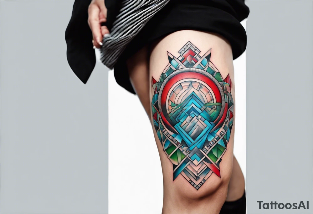 geometric style tattoo on knee with baby blue, red, and green accents. helical pier tattoo idea