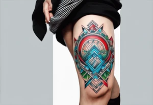 geometric style tattoo on knee with baby blue, red, and green accents. helical pier tattoo idea