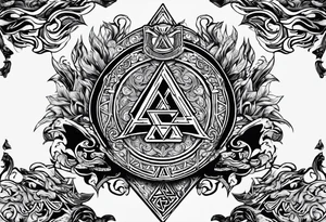Valhalla shield valknut sword axe flames cloud tattoo idea