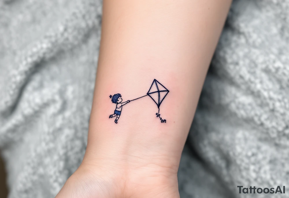 A line-art drawing of a child flying a kite, with the kite string forming the son’s name in dark navy ink. tattoo idea
