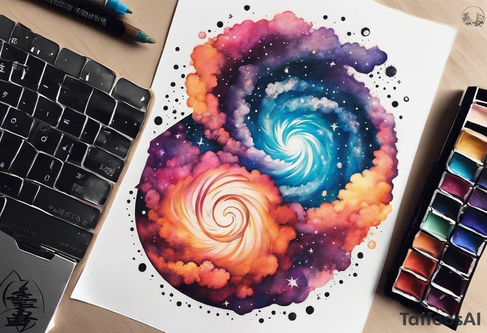 I want a spiral nebula space galaxy tattoo that's colorful and bright and cute and is nice to look at I don't want a traditional circle I want it like the ones thay look like an s shape and this tattoo will be on my left buttcheek and light colors I want more spread and less circle tattoo idea