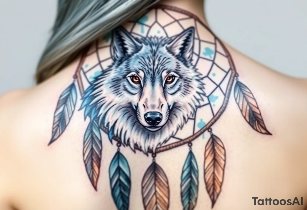 A dreamcatcher with a wolf’s face inside, with intricate feather patterns. The wolf’s fur is painted in cool tones of blue and silver, and the feathers are shaded in soft brown and gold tattoo idea