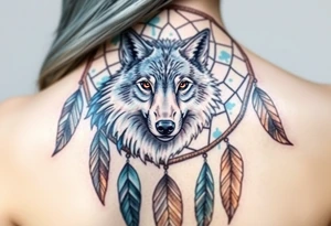 A dreamcatcher with a wolf’s face inside, with intricate feather patterns. The wolf’s fur is painted in cool tones of blue and silver, and the feathers are shaded in soft brown and gold tattoo idea