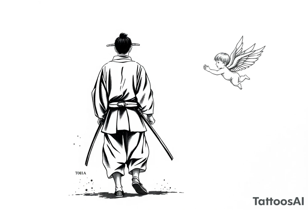 Blackwork tattoo illustration of a samurai walking forward, seen from behind. The samurai wears a traditional kimono and hakama, holding two long katanas in a relaxed but ready pose. To his right, a small child angel with detailed feathered wings floats in the air, gently reaching toward him with an outstretched hand. Strong contrast, dynamic ink splatters, sumi-e brush stroke effects, minimalist white background, dramatic lighting, emotional and symbolic composition, high-detail linework tattoo idea