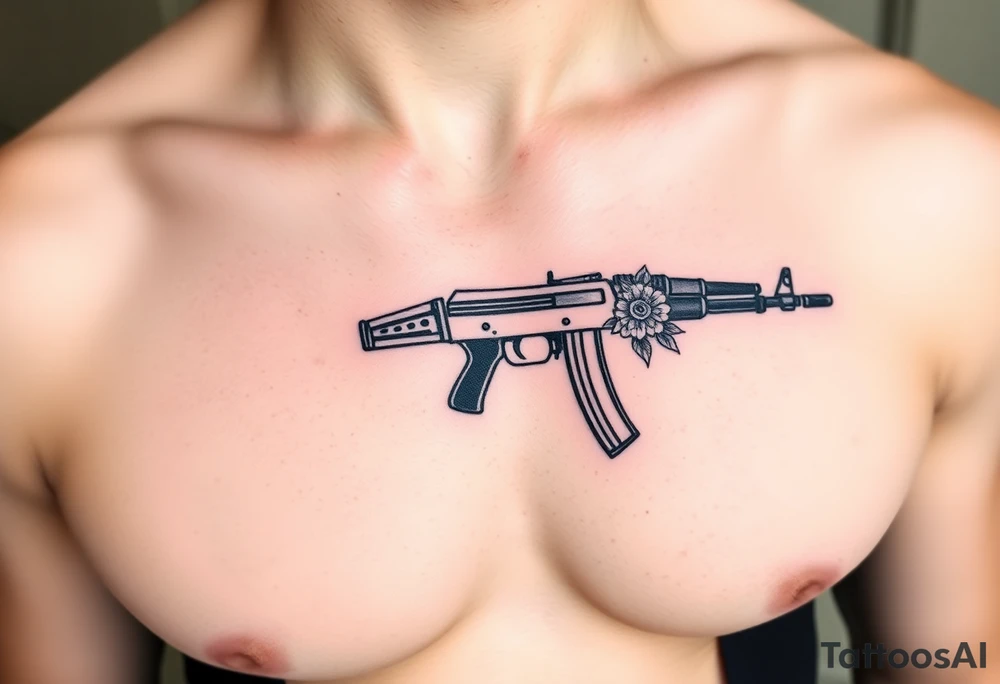ak 47 black silhouette with floral details tattoo idea