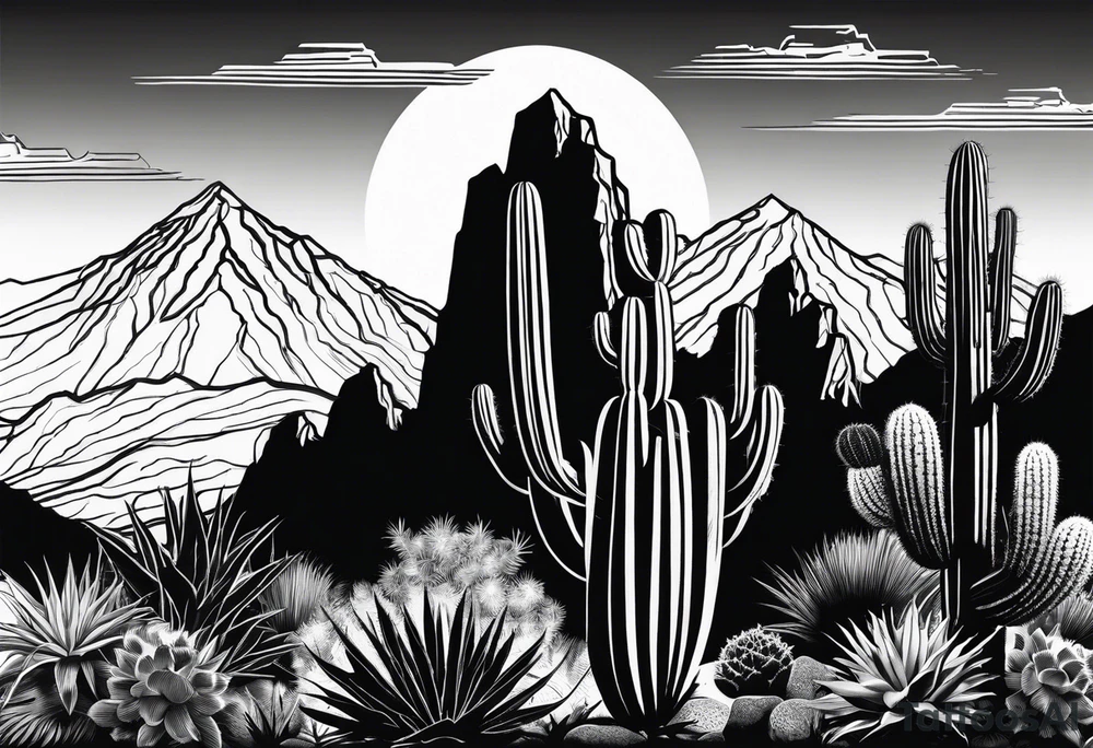 Mountains, cactus, silhouette of man and woman tattoo idea