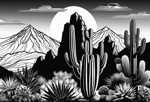 Mountains,  cactus, silhouette of man and woman tattoo idea