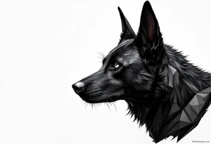 a creature that looks strongly like Anubis, a black Labrador and a black German Shepard, with the tall pointy ears of a jackal, looking back, serious and daring tattoo idea