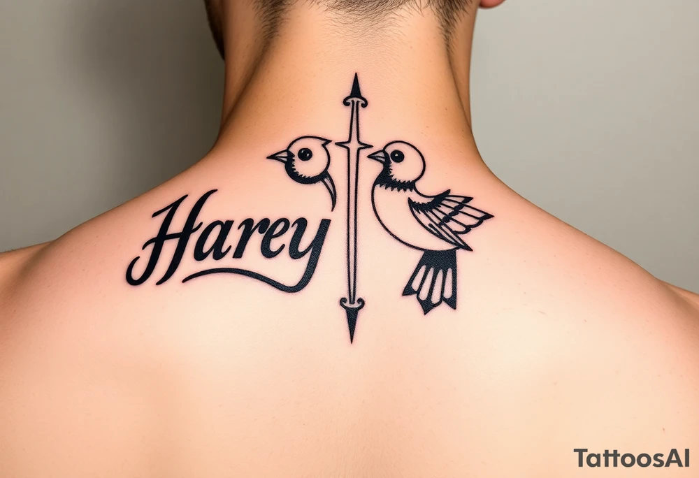 Sagittarius sign for both individuals as a couple names being Harley and Guy bird combined lettering Harley bird tattoo idea