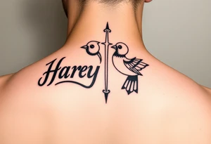 Sagittarius sign for both individuals as a couple names being Harley and Guy bird combined lettering Harley bird tattoo idea