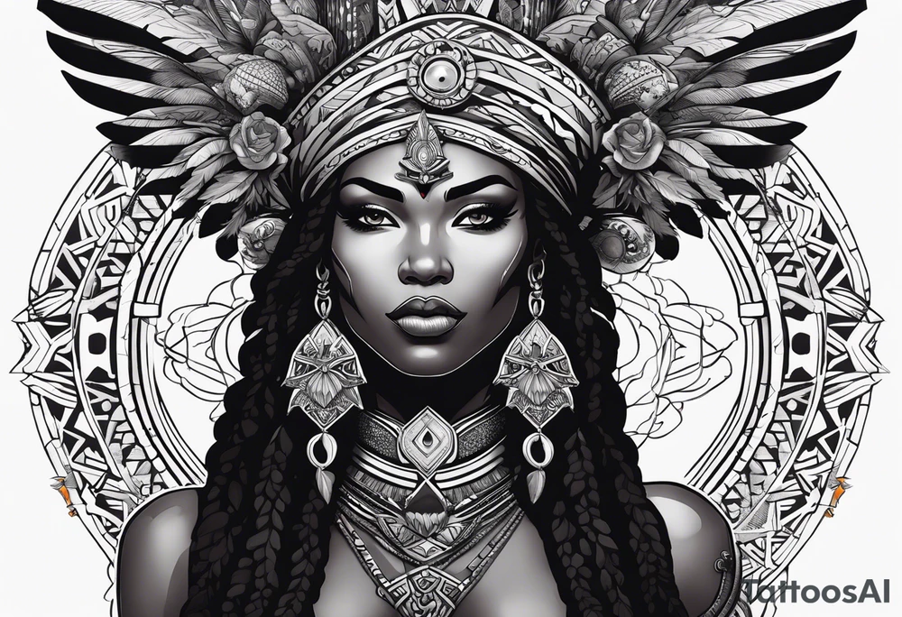 valkrye, kali, pirate, african goddess, , warrior, native american, lotus, zenza resonance, skulls, pachamama, left side face, chest, wing, tattoo idea