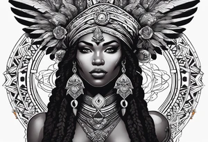 valkrye, kali, pirate, african goddess, , warrior, native american, lotus, zenza resonance, skulls, pachamama, left side face, chest, wing, tattoo idea