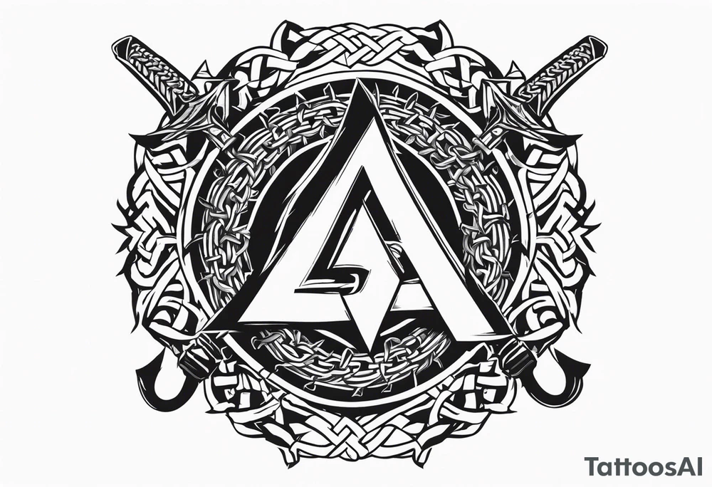 Valhalla sword shield axe barbed wire chains valknut tattoo idea
