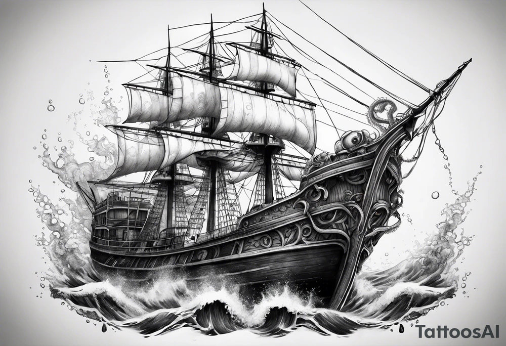 Pulpo gigante destruyendo un barco desde debajo del agua tattoo idea