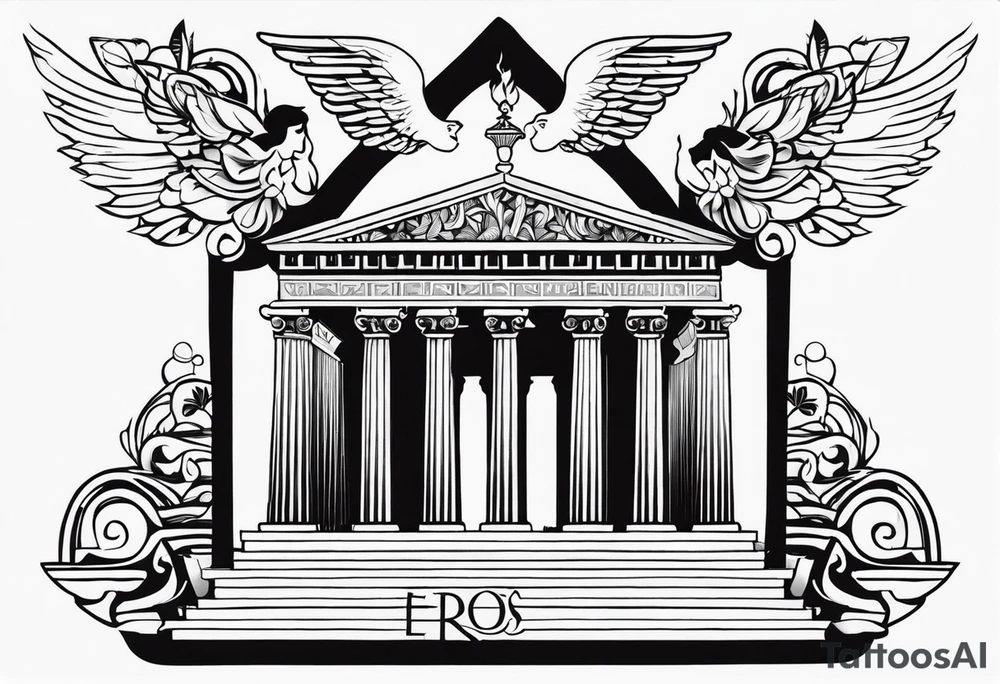 Eros definition with Greek architecture and symbols of love tattoo idea